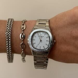 Y2K Silver Square Quartz Watch with Textured Dial Unisex 8.5" New